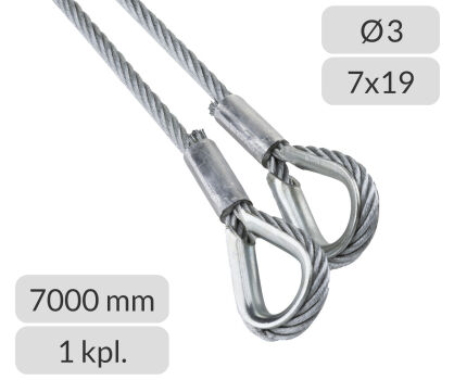 Komplet lin stalowych ocynkowanych 3mm L=7000mm zakończonych kauszą nr kat. K-3-7x19-7