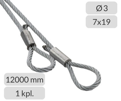 Komplet lin stalowych ocynkowanych 3mm L=12000mm zakończonych oczkiem nr kat. O-3-7x19-12