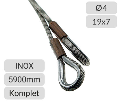 Liny stalowe INOX 4mm L=5900mm typ K bramy przemysłowe Nassau nr kat. LSI-2*4x5900K