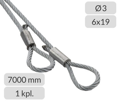 Komplet lin stalowych ocynkowanych 3mm L=7000mm zakończonych oczkiem nr kat. O-3-6x19-7