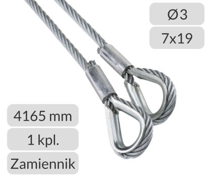 Liny stalowe 3 mm L=4165mm do bramy garażowej Hormann prowadzenie typu H wysokość do 1875mm zamiennik nr kat. K-3-7x19-4165