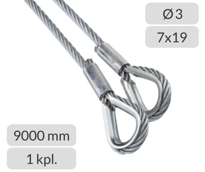 Komplet lin stalowych ocynkowanych 3mm L=9000mm zakończonych kauszą nr kat. K-3-7x19-9