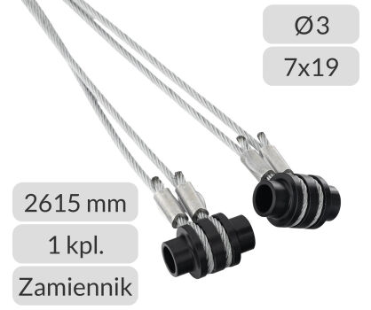 Liny stalowe 3mm L=2615mm z mocowaniem do bramy garażowej Hormann H=2125mm zamiennik nr kat. TG-3-7x19-2615