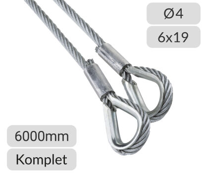 Komplet lin stalowych ocynkowanych 4mm L=6000mm zakończonych kauszą nr kat. K-4-6x19-6